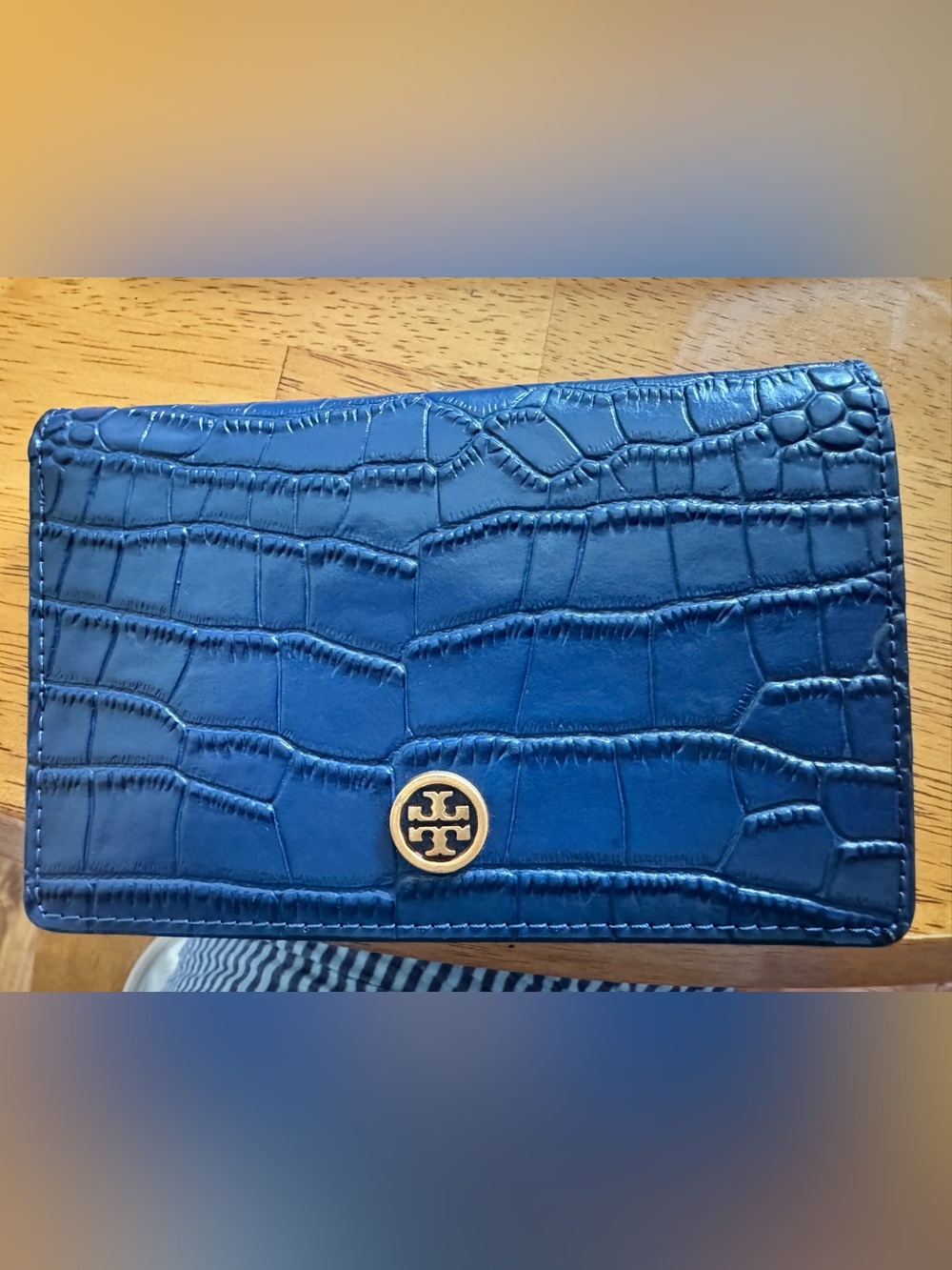 Tory Burch Croc-Embossed Wallet in Deep Blue with Gold Logo